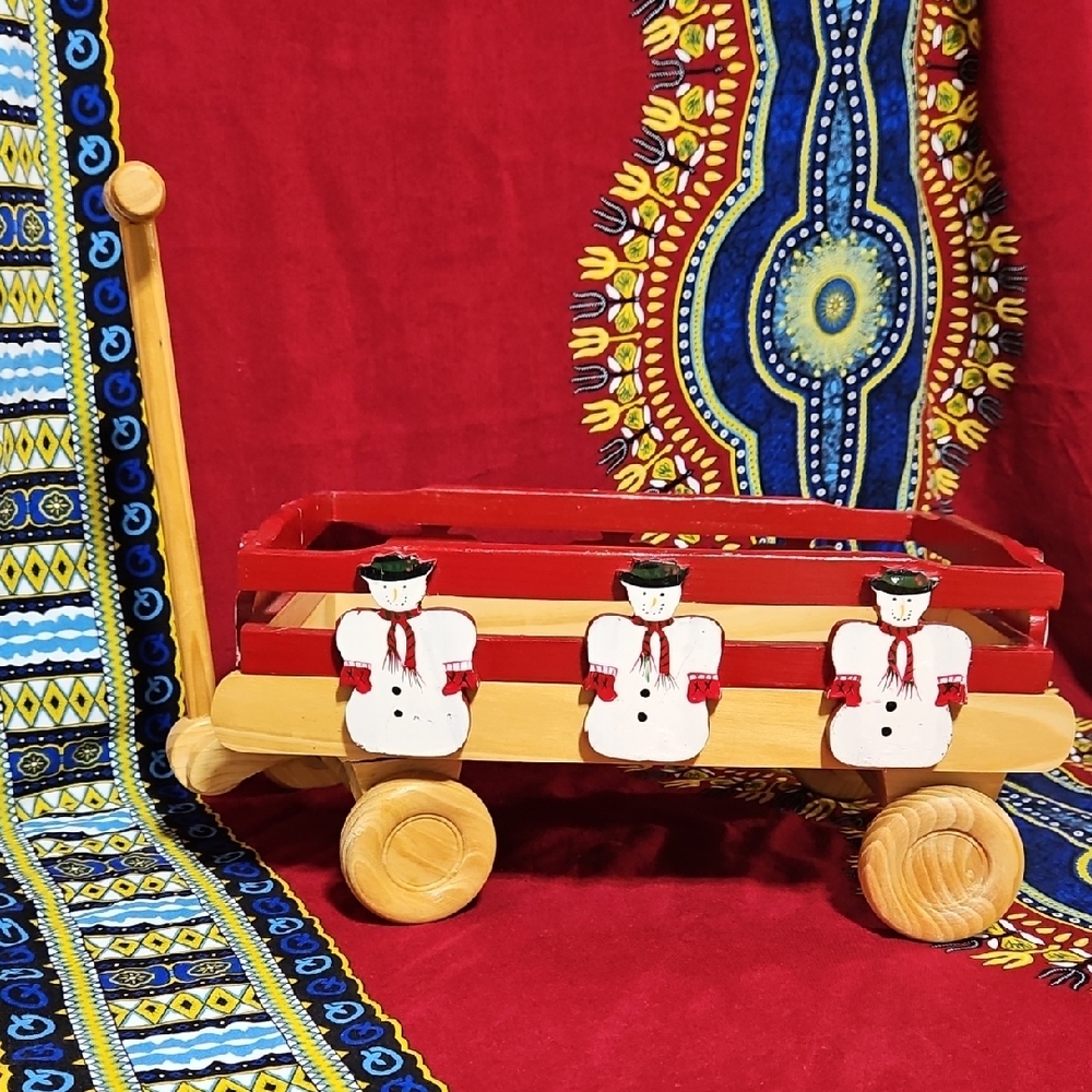 Festive Handpainted Wooden Snowman Wagon with Moving Wheels and Hand Pull